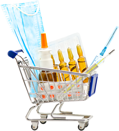 a cart of medicines and syringe